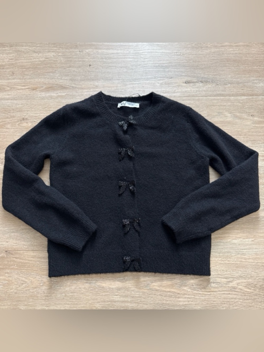 Zara Black Beaded Bow-Front Knit Cardigan Small